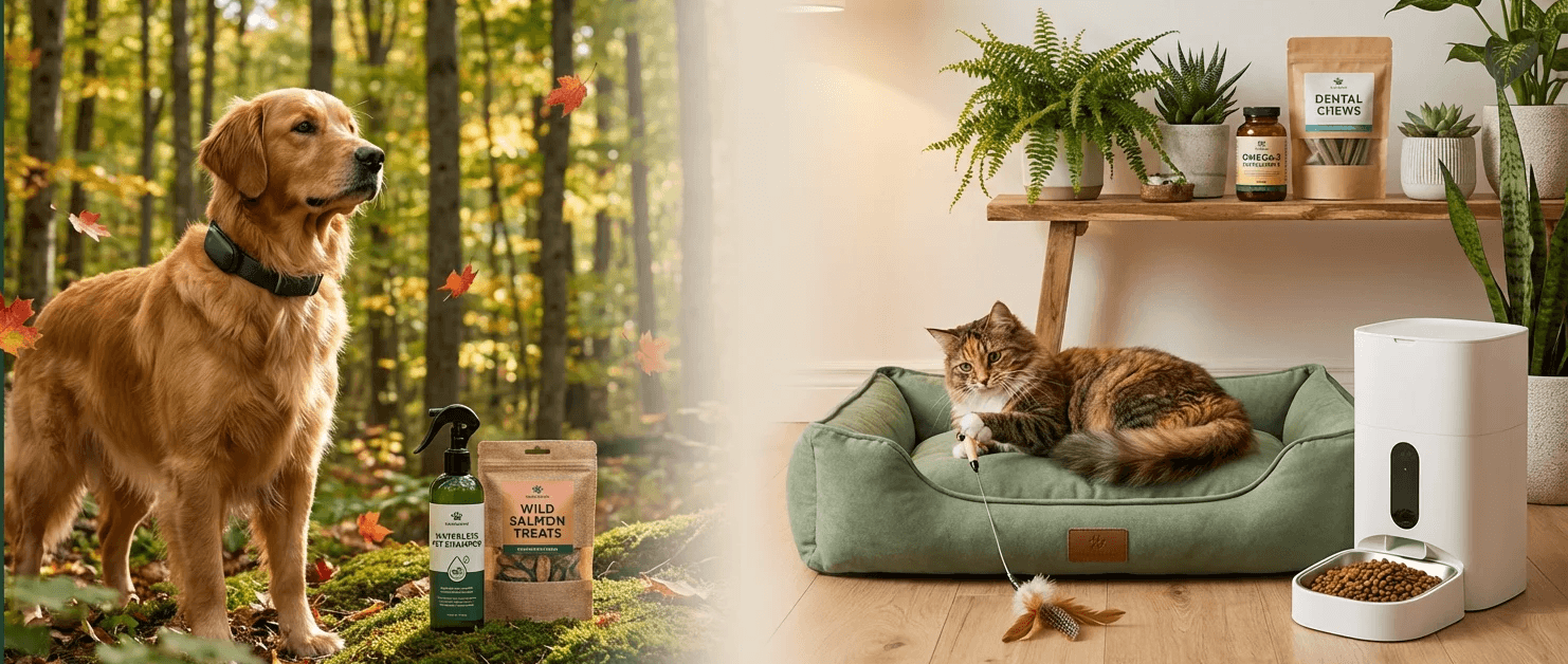 CaninLeaf Canadian pet supplies — dog with GPS collar and cat on bamboo pet bed.